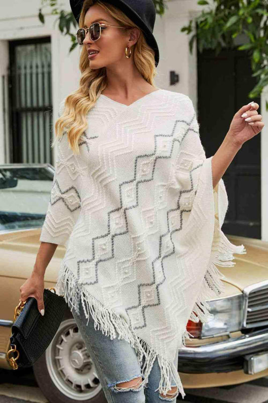 Pearl Trim V-Neck Fringe Hem Poncho - Trendsi - Flyclothing LLC