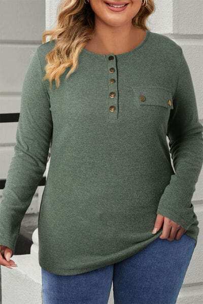 Plus Size Half Snap Long Sleeve T-Shirt - Trendsi - Flyclothing LLC