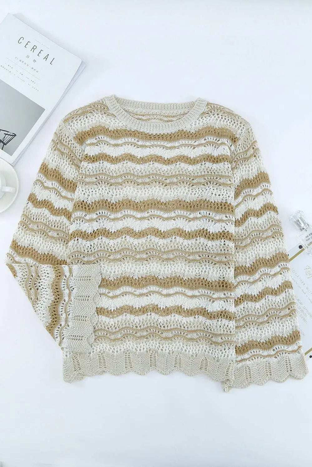 Wavy Stripe Scalloped Hem Openwork Knit Top - Trendsi - Flyclothing LLC