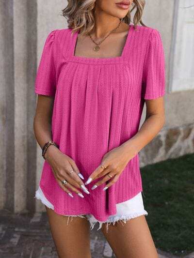 Ruched Square Neck Short Sleeve Blouse - Trendsi - Flyclothing LLC