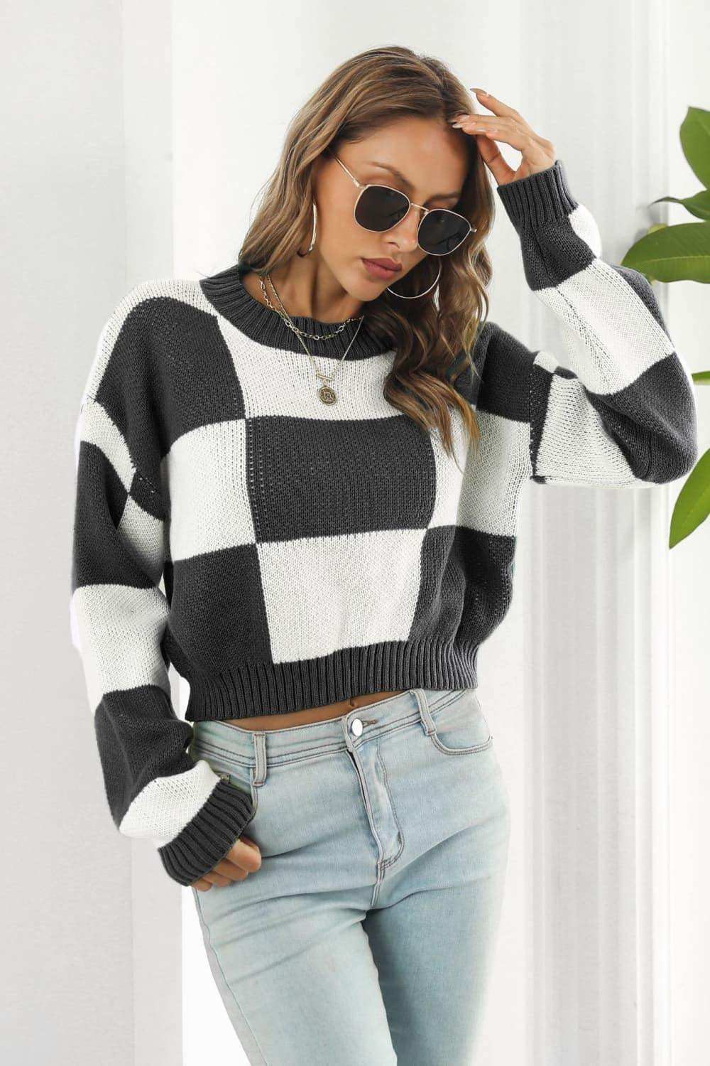 Color Block Round Neck Dropped Shoulder Sweater - Trendsi - Flyclothing LLC