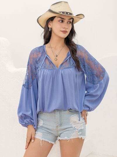 Lace Detail Tie Neck Balloon Sleeve Blouse - Trendsi - Flyclothing LLC