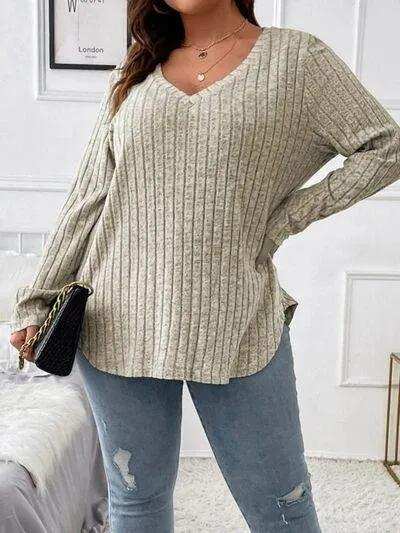 Plus Size V-Neck Long Sleeve T-Shirt - Trendsi - Flyclothing LLC