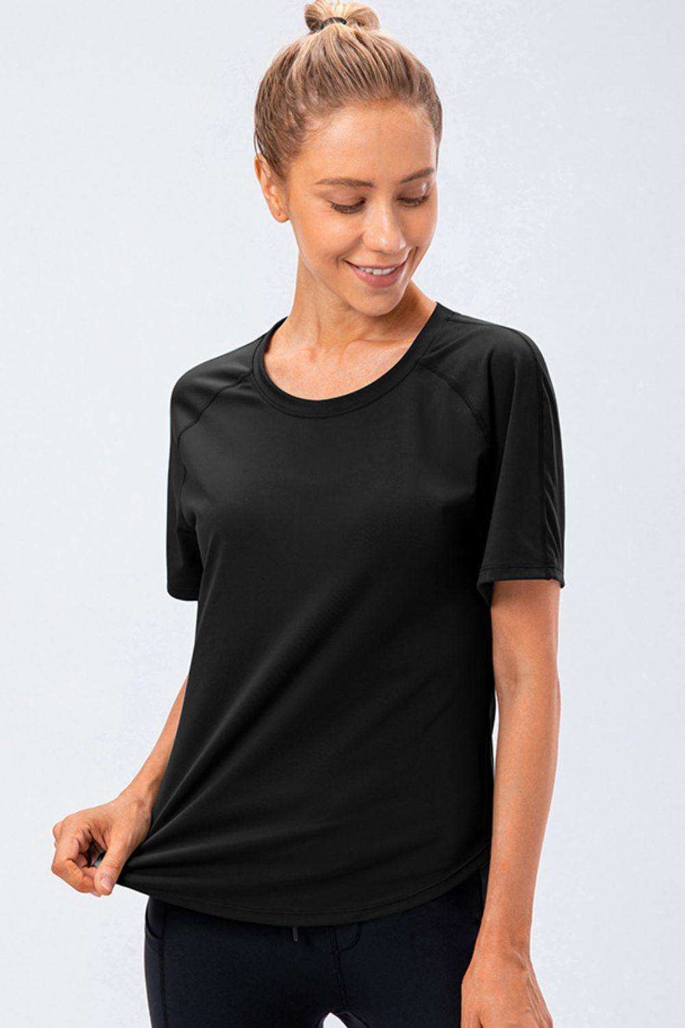 Round Neck Raglan Sleeve Active Tee - Trendsi - Flyclothing LLC