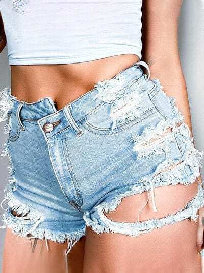Distressed Raw Hem Denim Shorts with Pockets - Trendsi - Flyclothing LLC