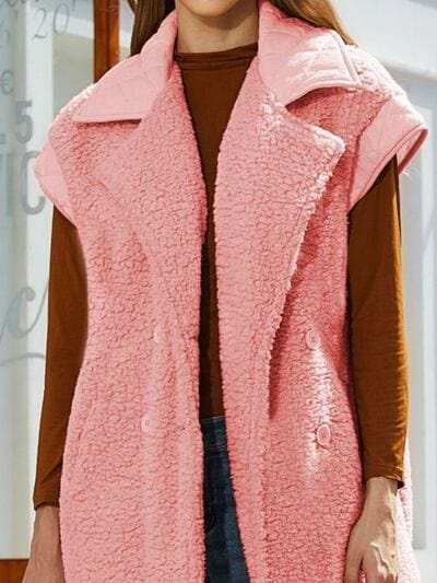 Fuzzy Collared Neck Button Up Vest Coat - Trendsi - Flyclothing LLC