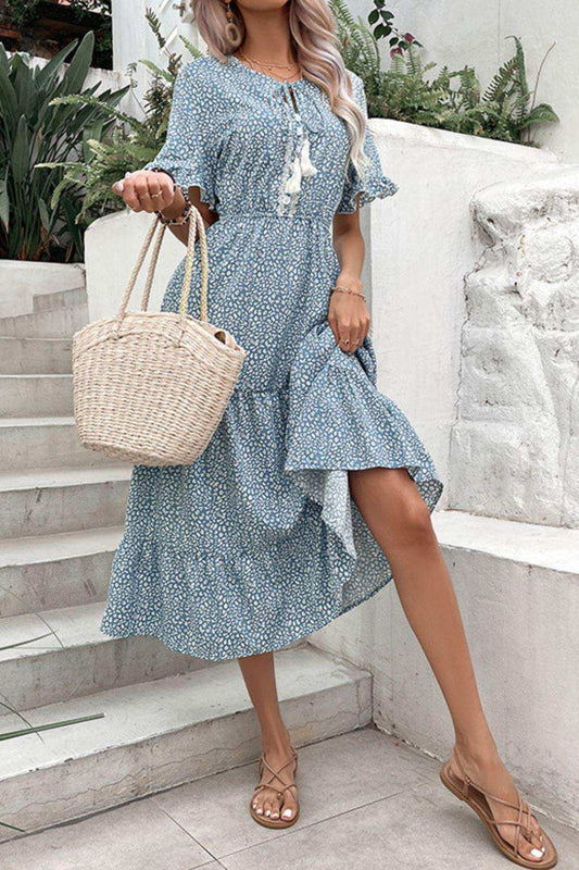 Printed Tassel Tie Flounce Sleeve Dress - Trendsi - Flyclothing LLC