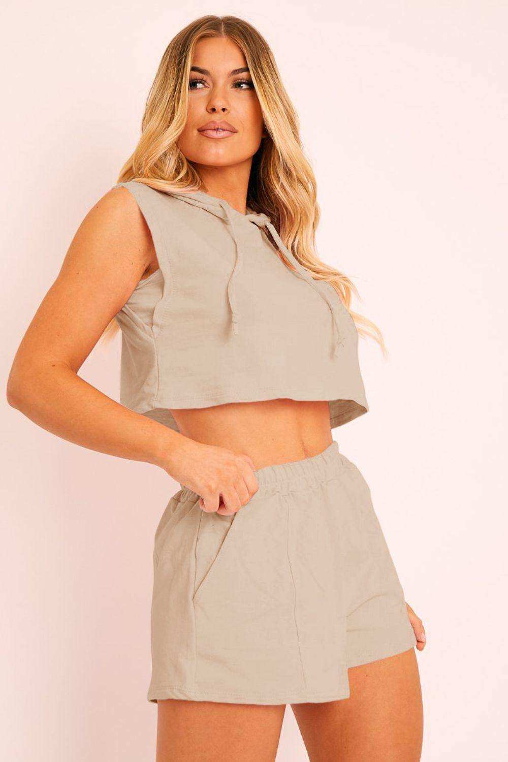 Hooded Crop Top & Pocketed Shorts Set - Trendsi - Flyclothing LLC