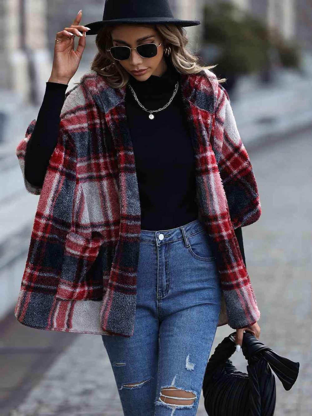 Plaid Hooded Coat with Pockets - Trendsi - Flyclothing LLC