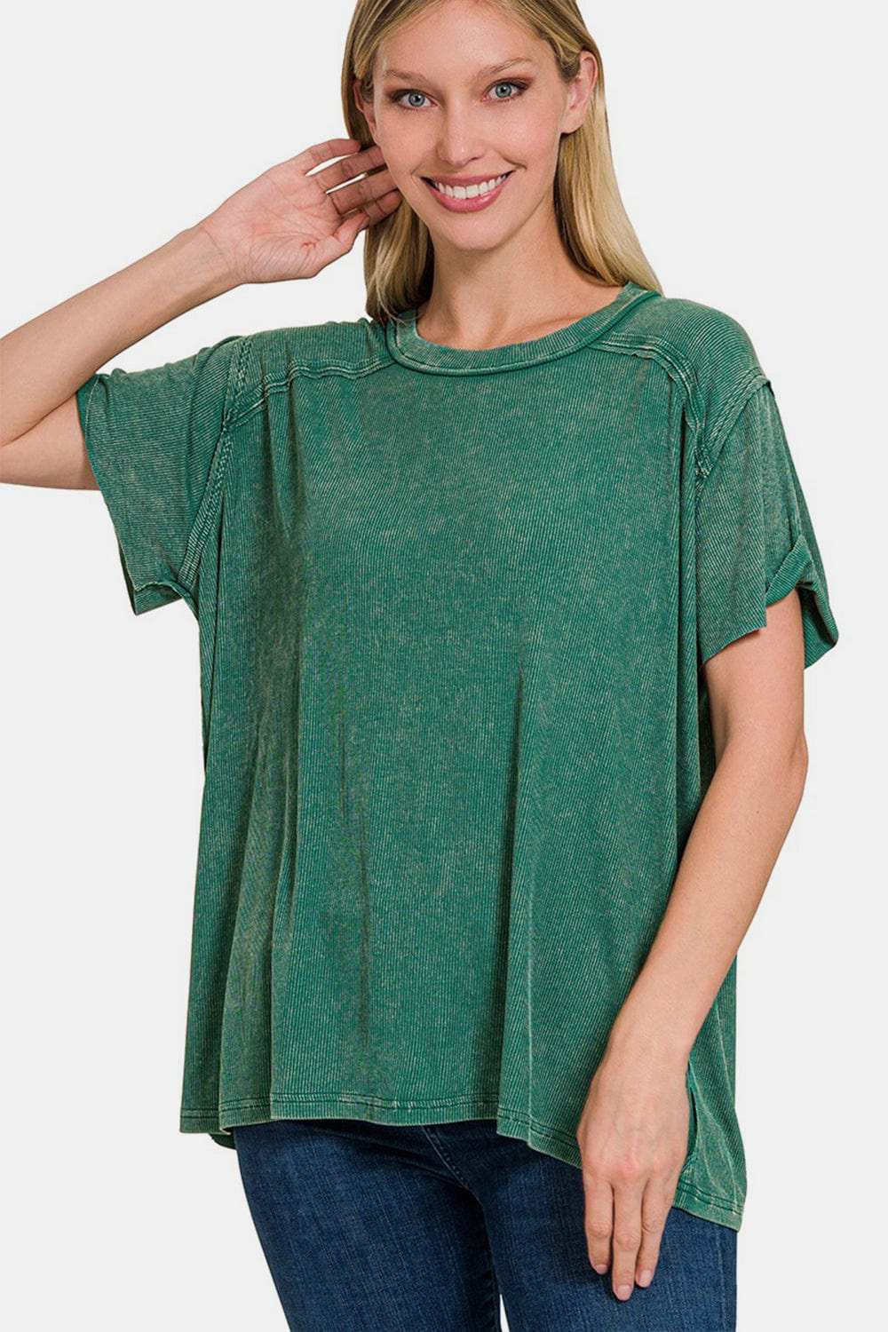 Zenana Washed Ribbed Short Sleeve Top - Trendsi - Flyclothing LLC