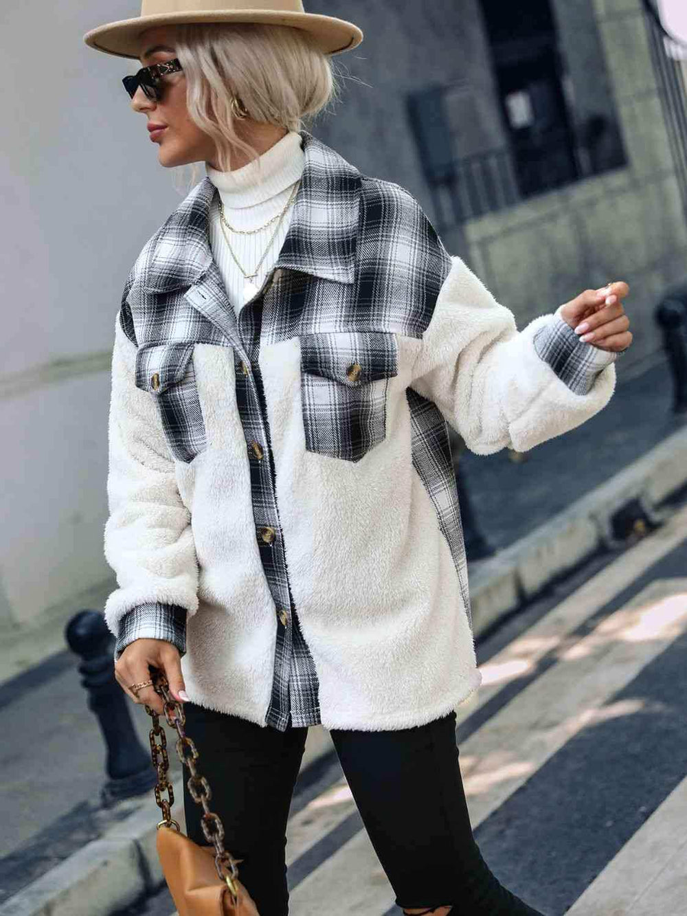 Plaid Collared Neck Button Down Jacket - Trendsi - Flyclothing LLC