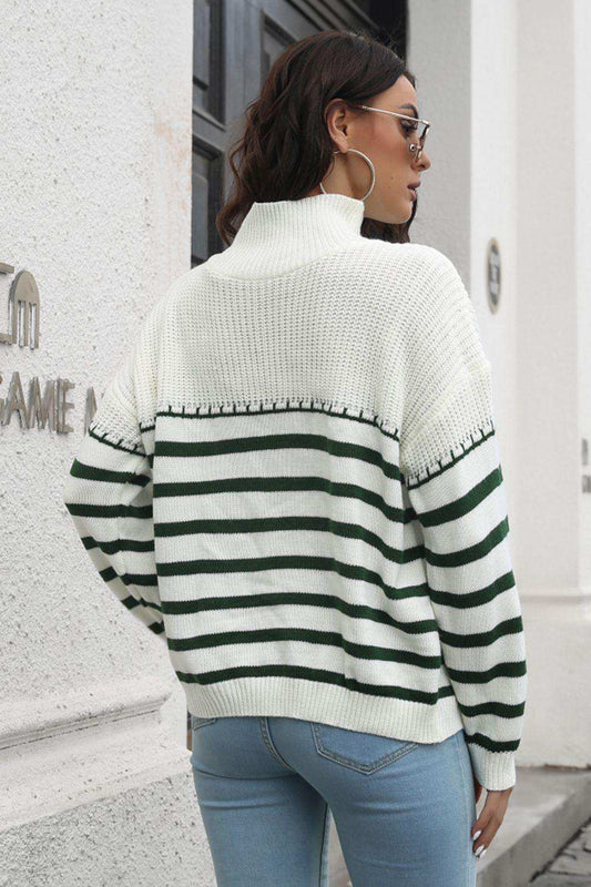 Striped Turtleneck Drop Shoulder Sweater - Trendsi - Flyclothing LLC