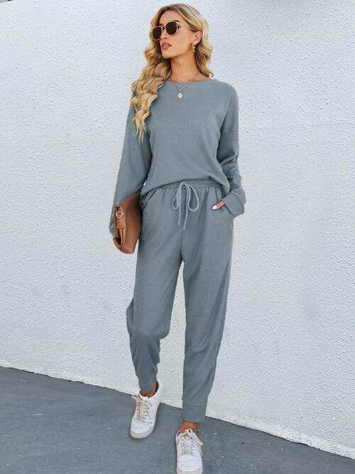 Round Neck Top and Drawstring Pants Set - Trendsi - Flyclothing LLC