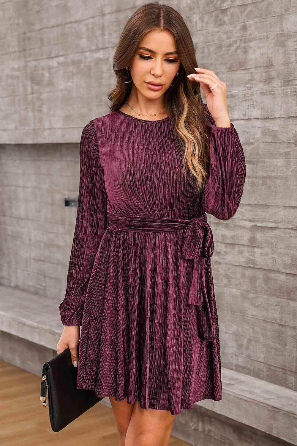 Round Neck Tie Front Long Sleeve Dress - Trendsi - Flyclothing LLC