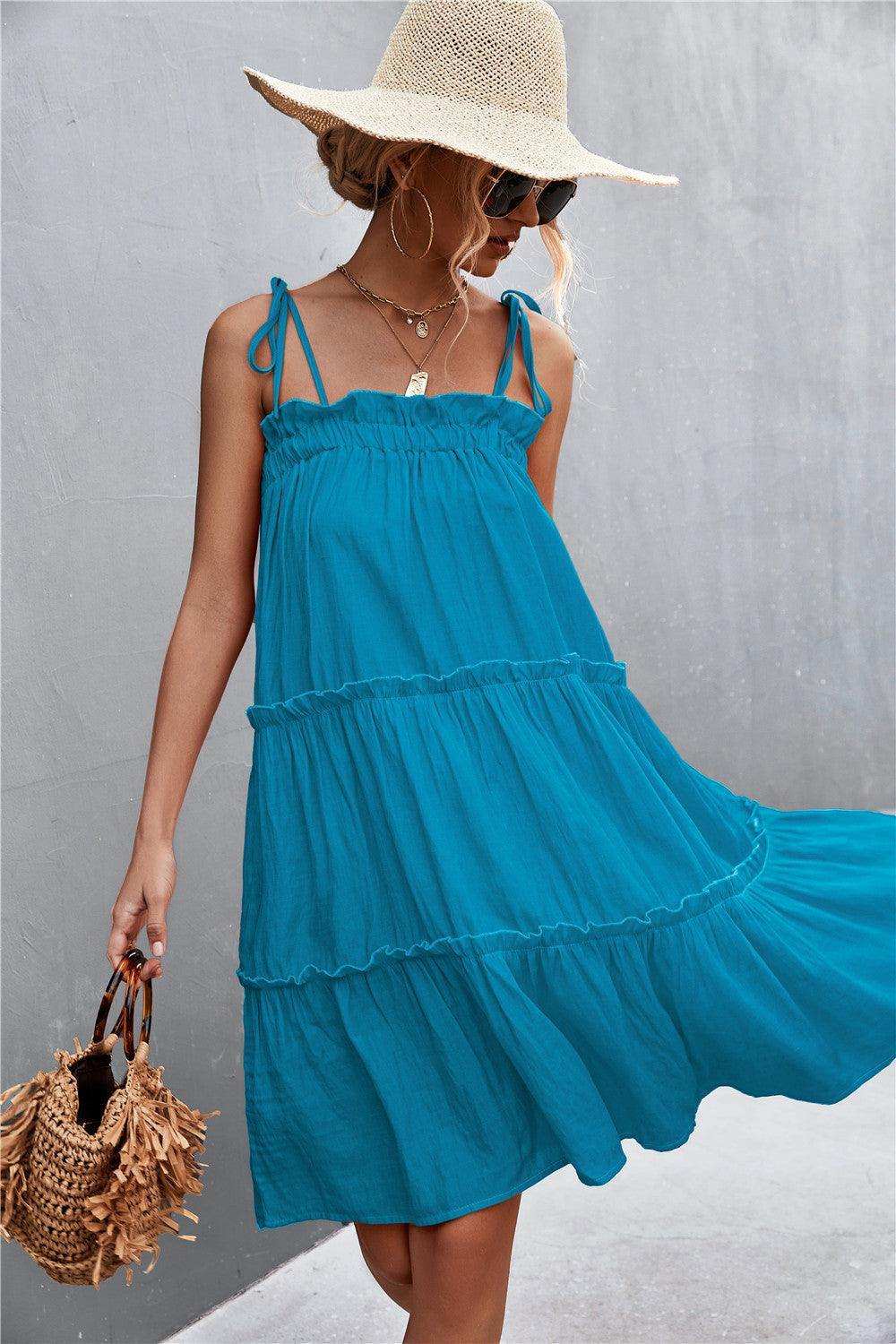 Tie-Shoulder Frill Trim Sleeveless Dress - Trendsi - Flyclothing LLC