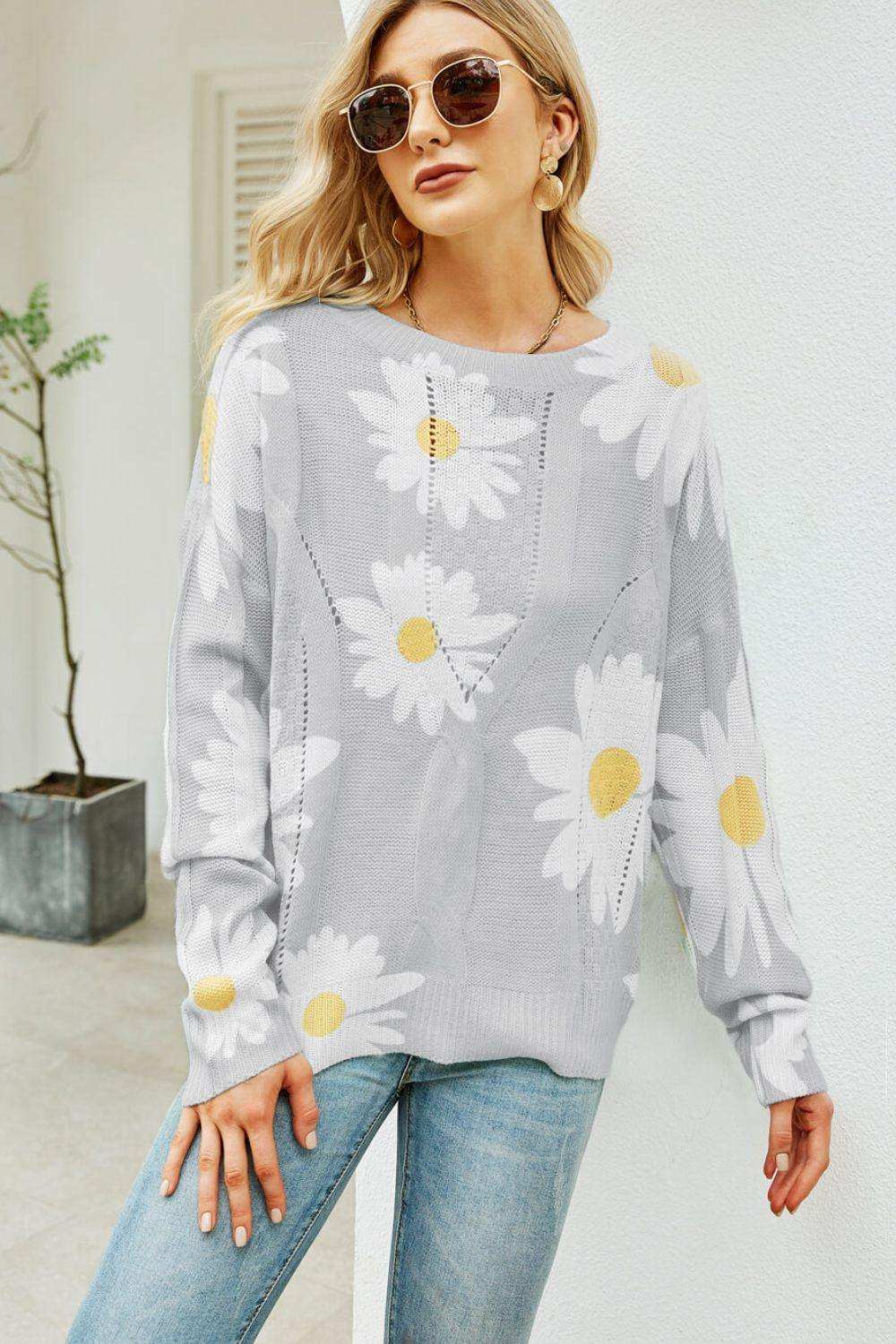 Daisy Print Openwork Round Neck Sweater - Trendsi - Flyclothing LLC