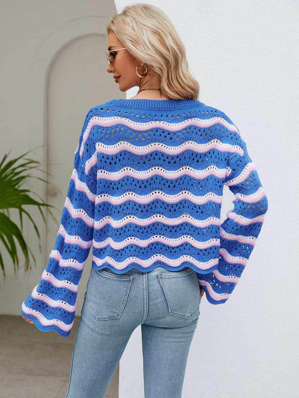Round Neck Openwork Flare Sleeve Knit Top - Trendsi - Flyclothing LLC