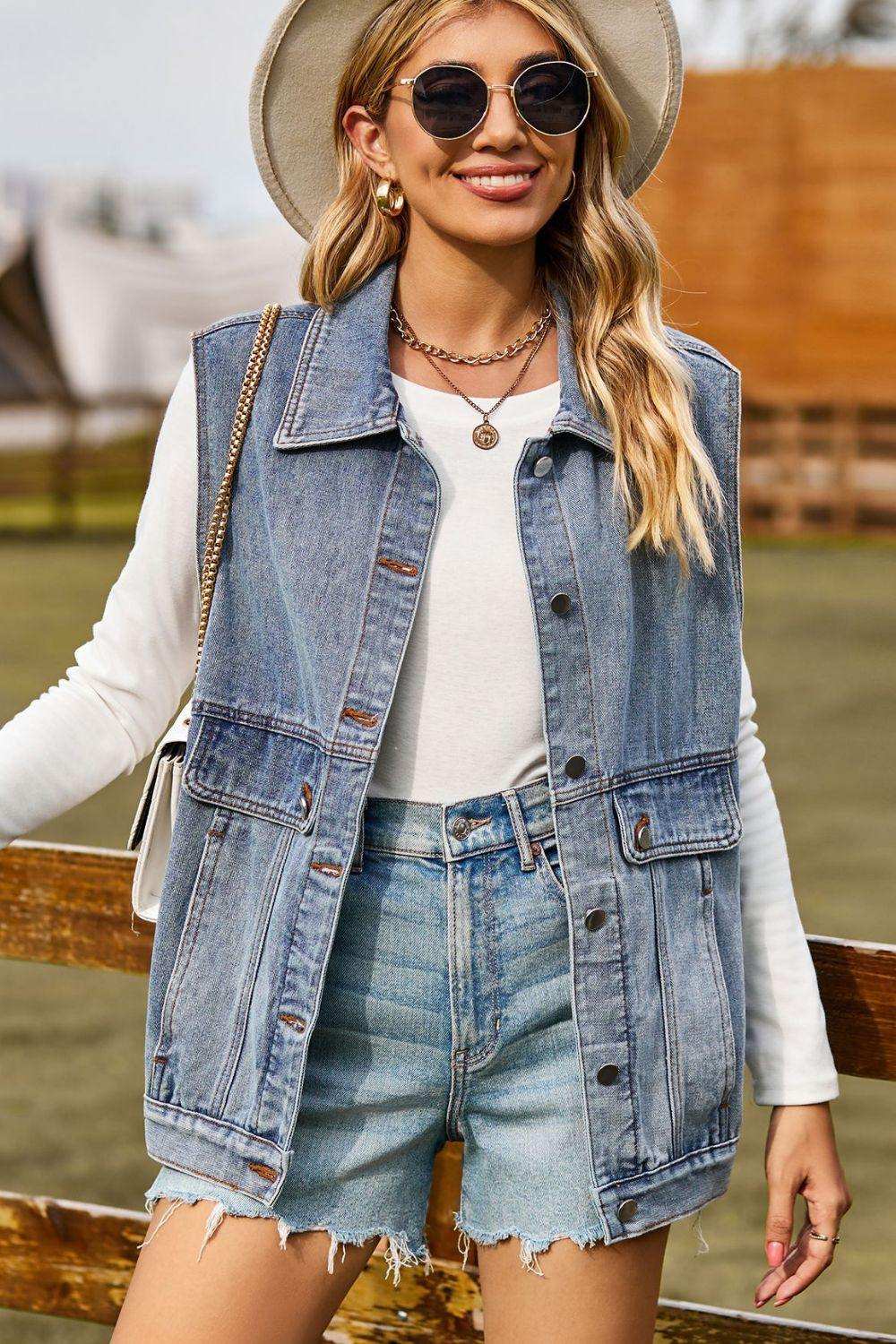 Sleeveless Collared Neck Denim Top with Pockets - Trendsi - Flyclothing LLC