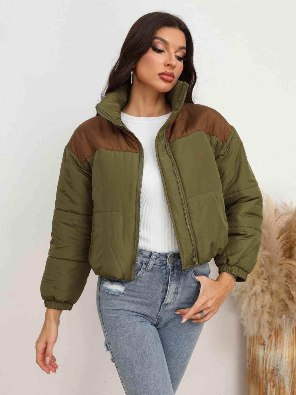 Two-Tone Zip-Up Puffer Jacket - Trendsi - Flyclothing LLC