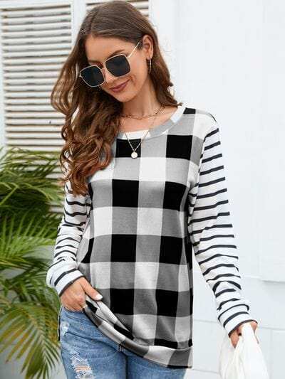 Plaid Striped Round Neck Long Sleeve T-Shirt - Trendsi - Flyclothing LLC