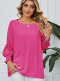 Smocked Lantern Sleeve Round Neck Blouse - Trendsi - Flyclothing LLC