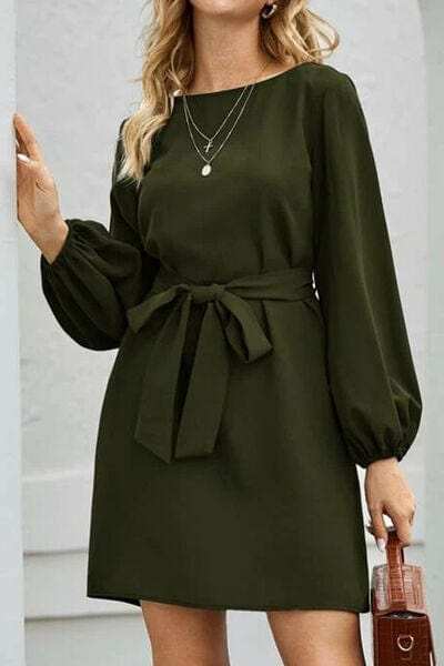 Tied Boat Neck Balloon Sleeve Mini Dress - Trendsi - Flyclothing LLC