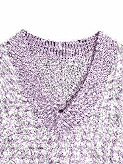 Houndstooth V-Neck Sweater Vet - Trendsi - Flyclothing LLC