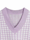 Houndstooth V-Neck Sweater Vet - Trendsi - Flyclothing LLC