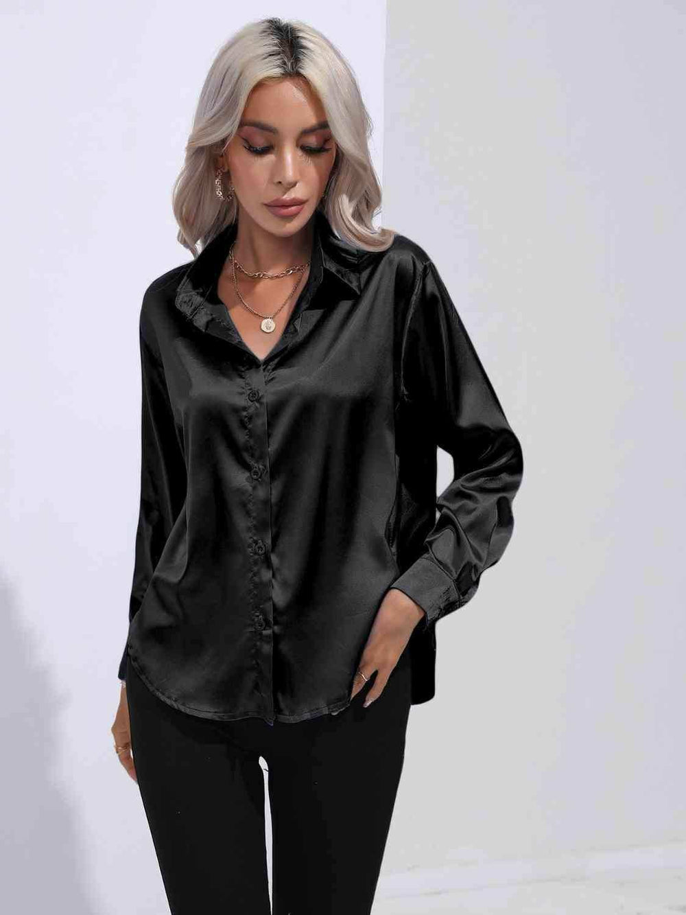 Collared Neck Buttoned Long Sleeve Shirt - Trendsi - Flyclothing LLC