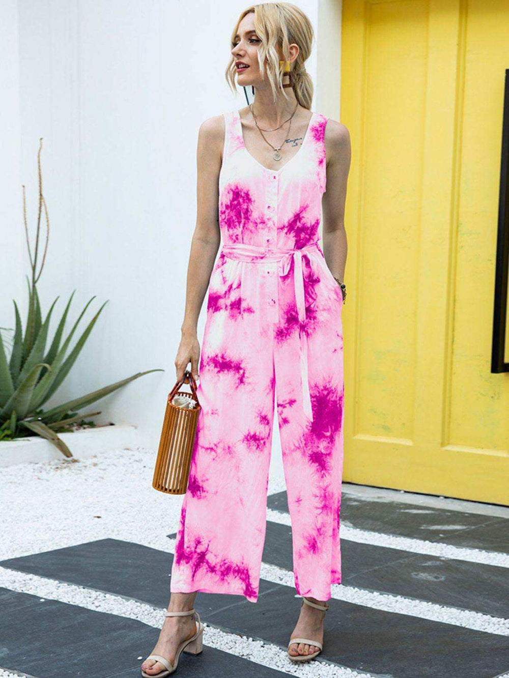 Tie-Dye Tie Waist Sleeveless Jumpsuit - Trendsi - Flyclothing LLC