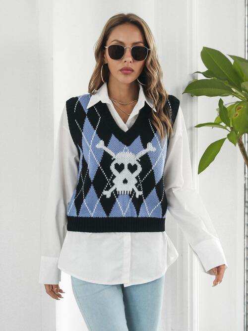 Skull Geometric V-Neck Sweater Vest - Trendsi - Flyclothing LLC