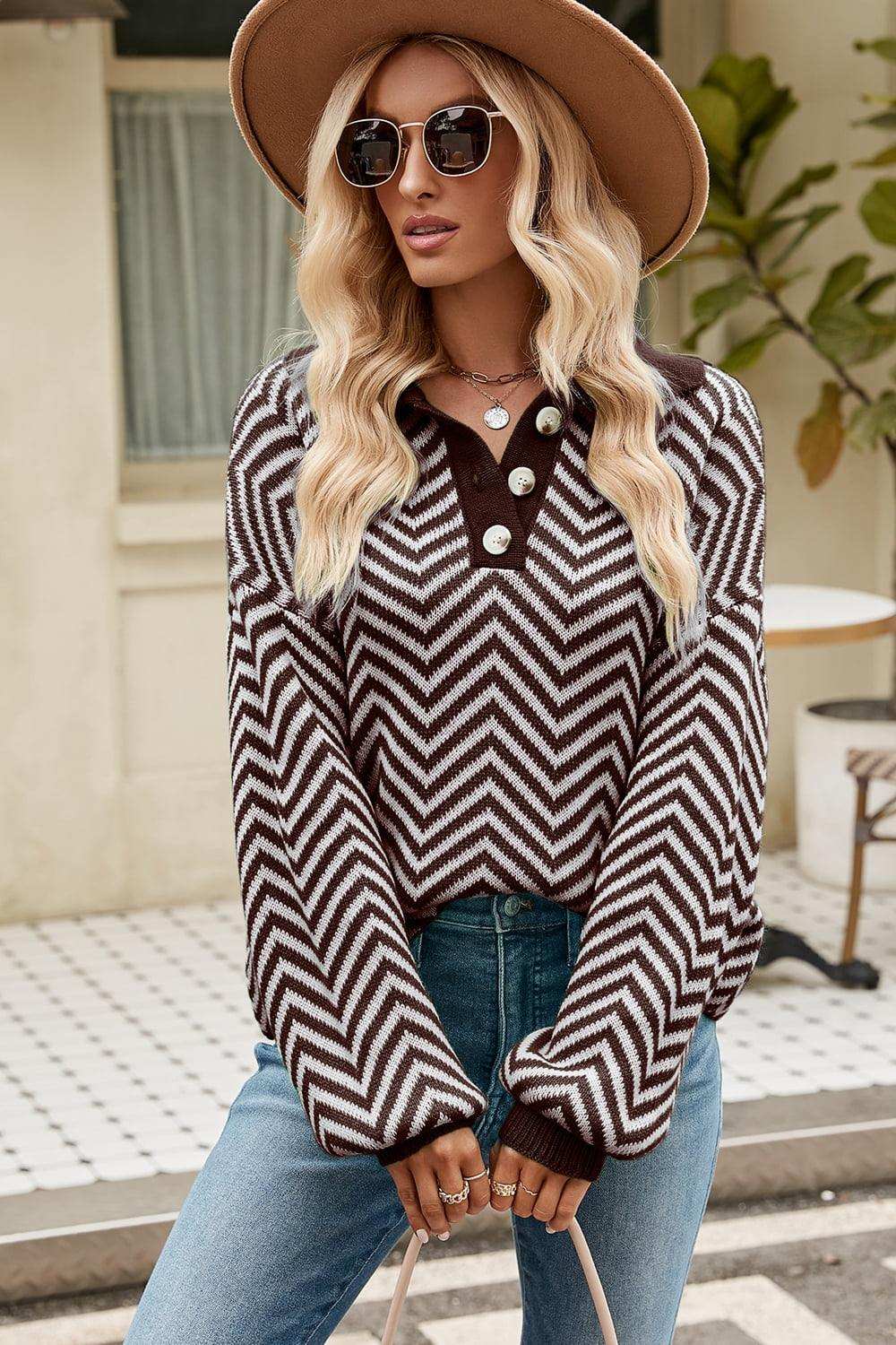 Striped Collared Neck Buttoned Pullover Sweater - Trendsi - Flyclothing LLC