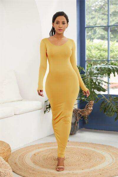 Round Neck Long Sleeve Maxi Wrap Dress - Trendsi - Flyclothing LLC