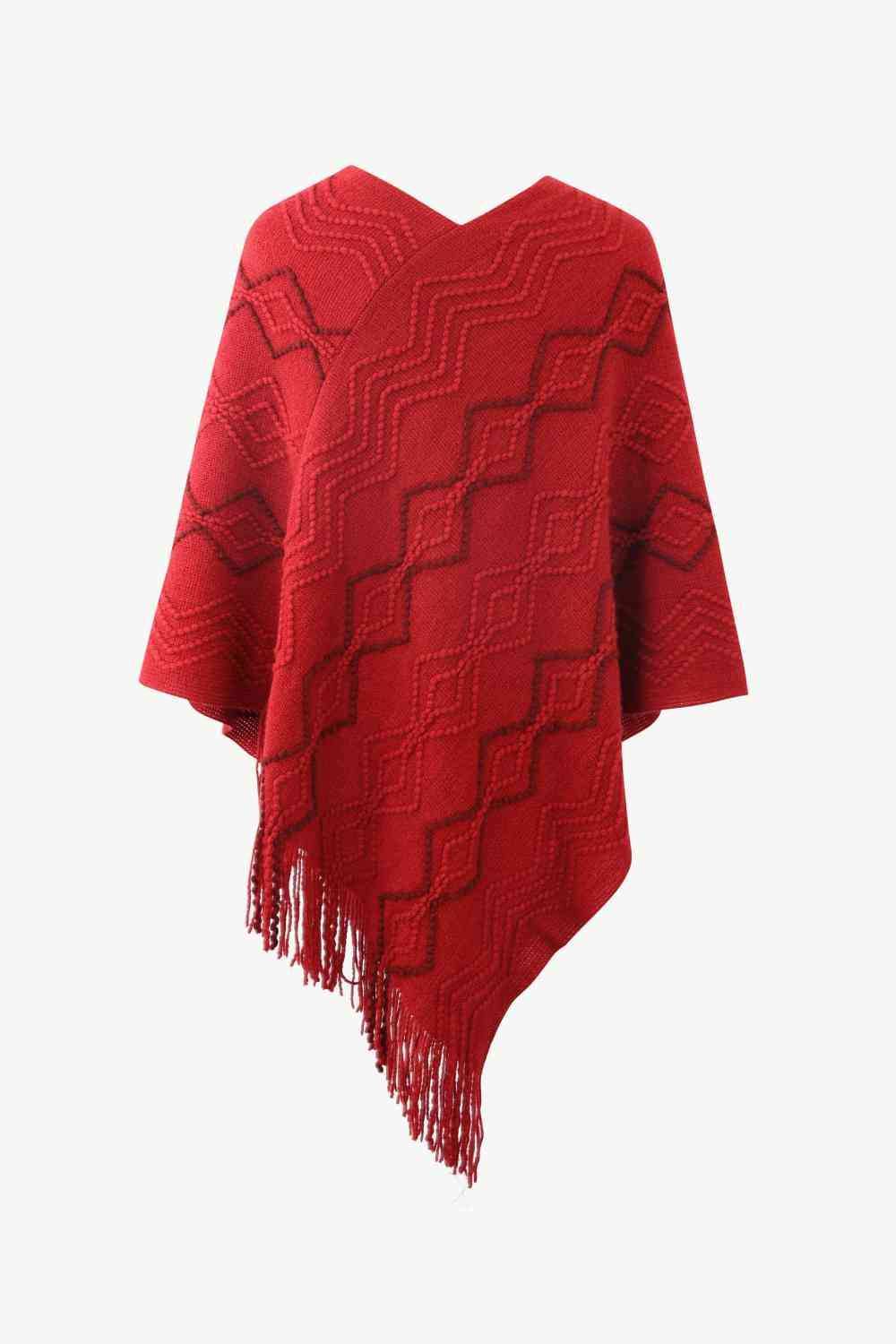 Pearl Trim V-Neck Fringe Hem Poncho - Trendsi - Flyclothing LLC