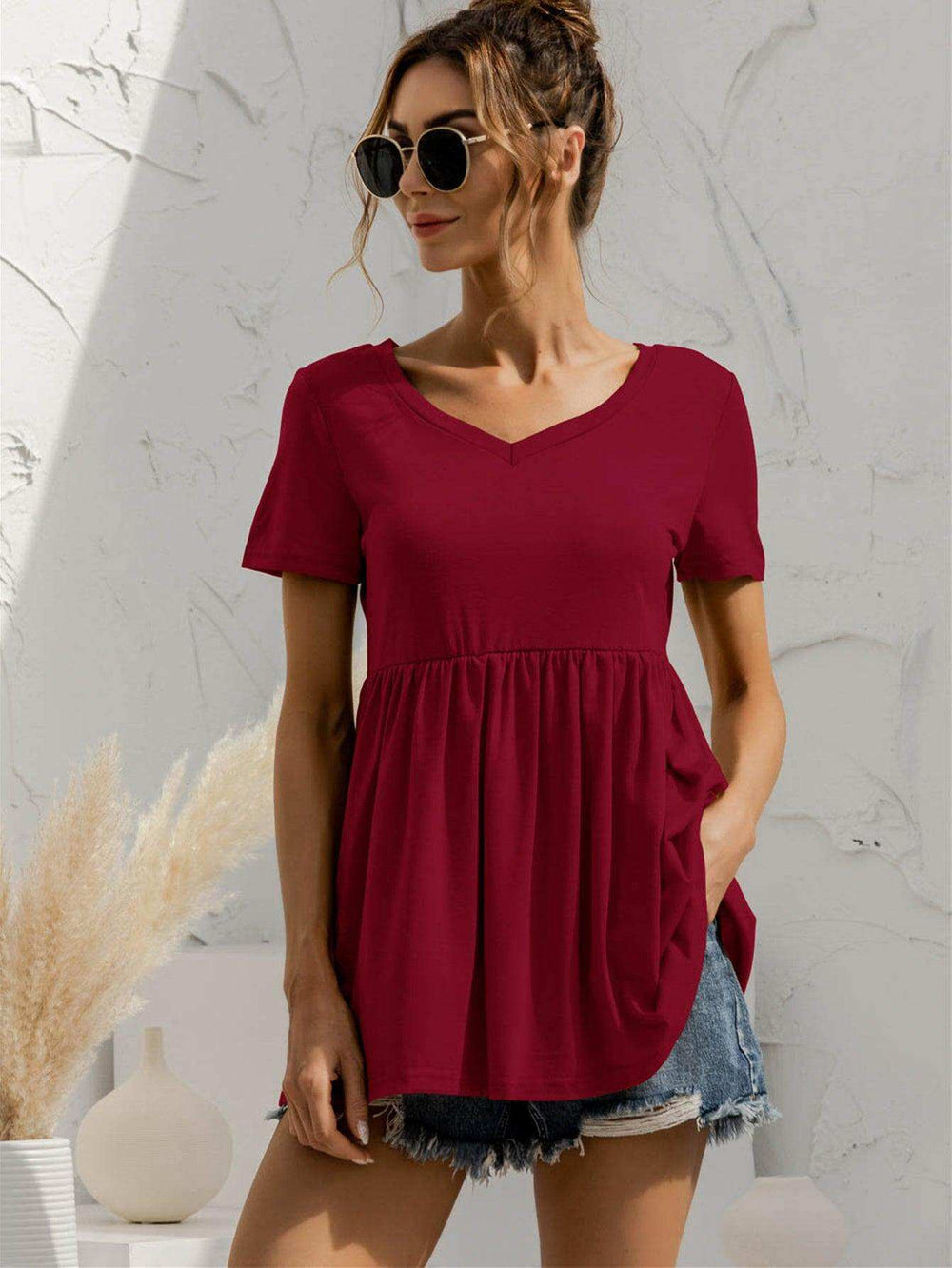 V-Neck Short Sleeve Babydoll Top - Trendsi - Flyclothing LLC