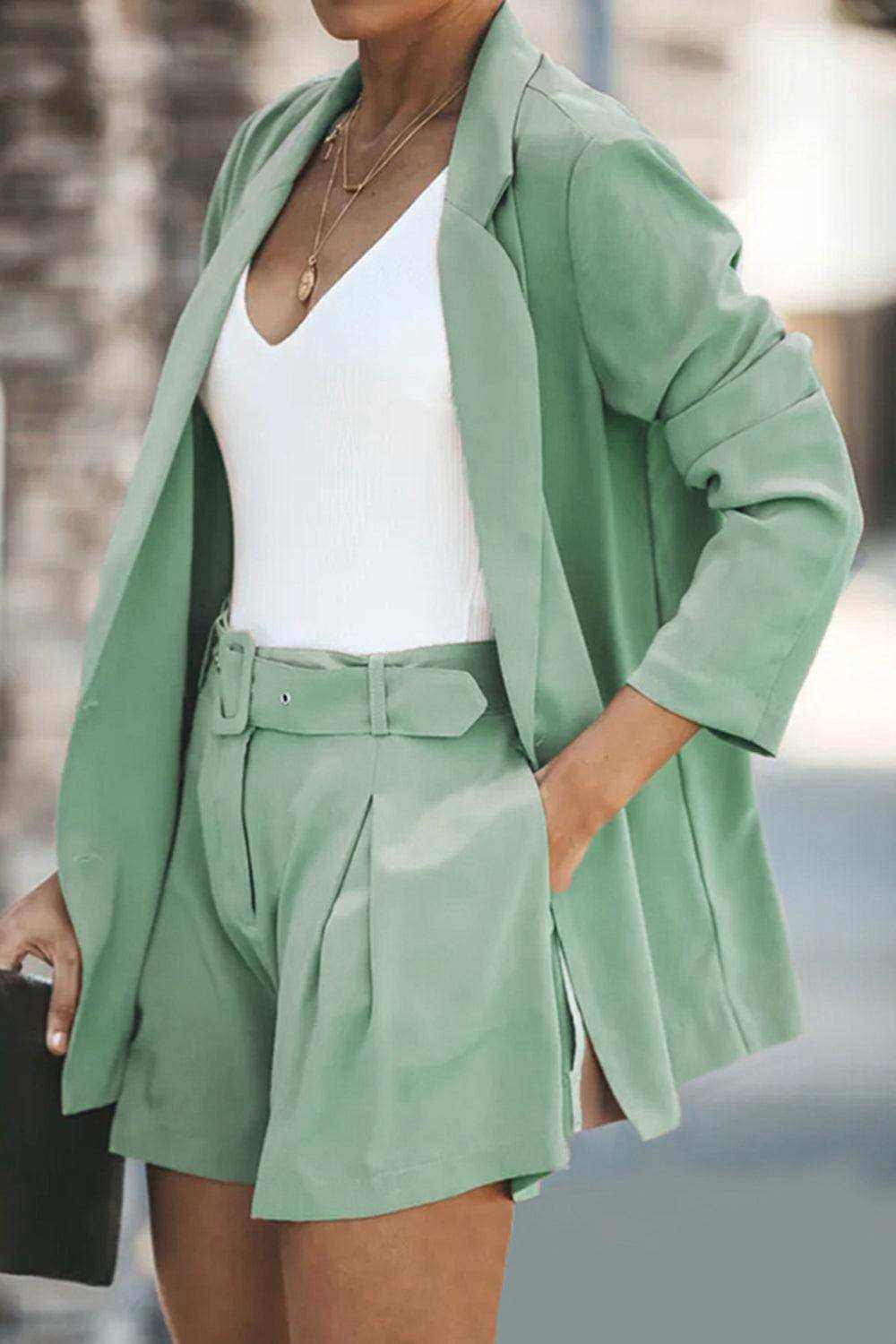 Longline Blazer and Shorts Set with Pockets - Trendsi - Flyclothing LLC
