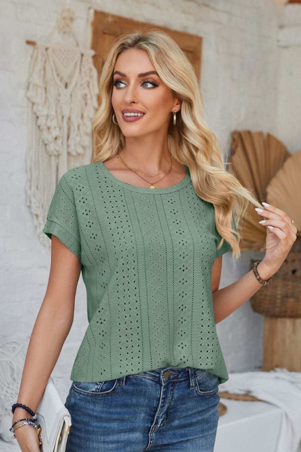 Eyelet Round Neck Rolled Short Sleeve T-Shirt - Trendsi - Flyclothing LLC