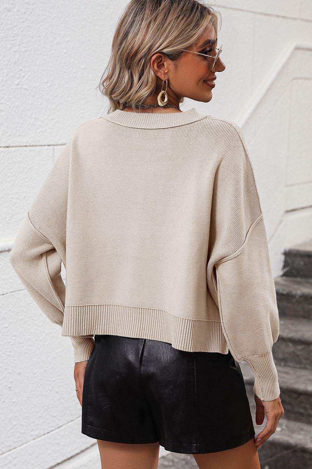 Round Neck Dropped Shoulder Pullover Sweater - Trendsi - Flyclothing LLC