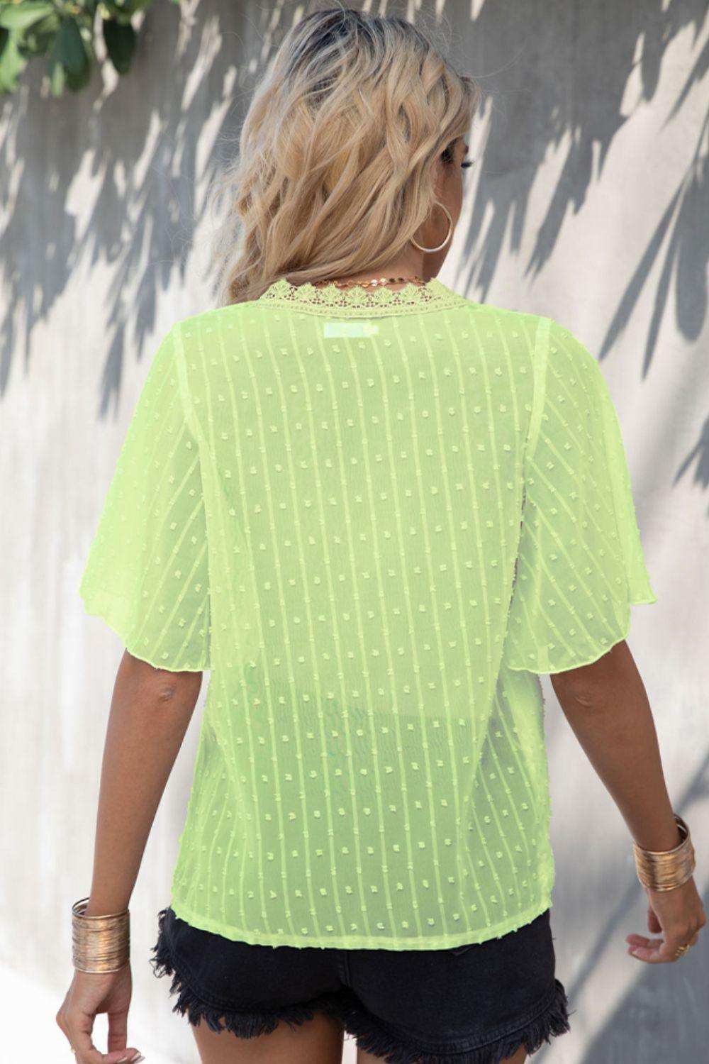 Swiss Dot Lace Trim Flutter Sleeve V-Neck Blouse - Trendsi - Flyclothing LLC