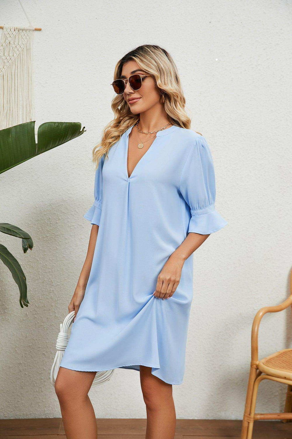 Notched Neck Flounce Sleeve Dress - Trendsi - Flyclothing LLC