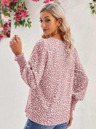 Printed V-Neck Lantern Sleeve Blouse - Trendsi - Flyclothing LLC