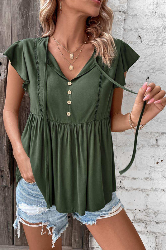 Buttoned Tie Neck Flutter Sleeve Babydoll Top - Trendsi - Flyclothing LLC