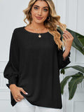 Smocked Lantern Sleeve Round Neck Blouse - Trendsi - Flyclothing LLC