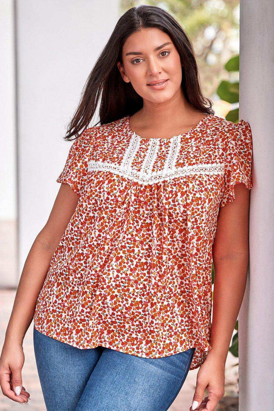 Plus Size Floral Lace Trim Round Neck Blouse - Trendsi - Flyclothing LLC