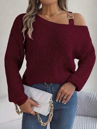 Asymmetrical Neck Long Sleeve Sweater - Trendsi - Flyclothing LLC