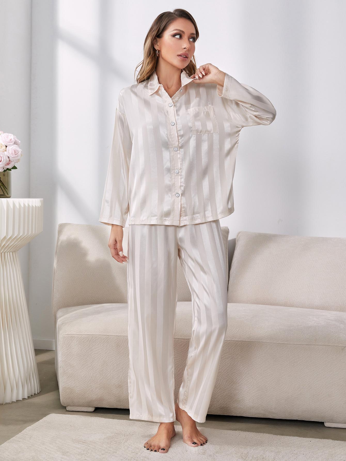 Button-Up Shirt and Pants Pajama Set - White / S