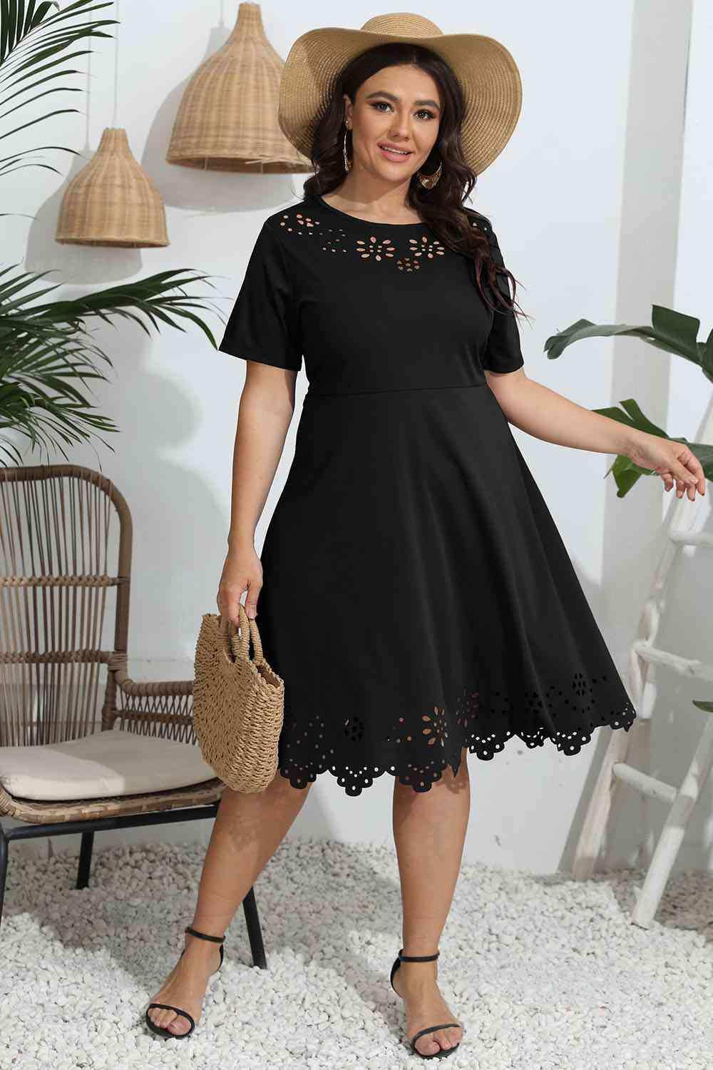 Plus Size Round Neck Openwork Dress - Trendsi - Flyclothing LLC