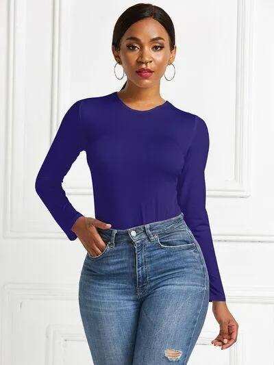 Round Neck Long Sleeve Bodysuit - Trendsi - Flyclothing LLC