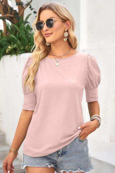 Round Neck Lantern Sleeve Blouse - Trendsi - Flyclothing LLC
