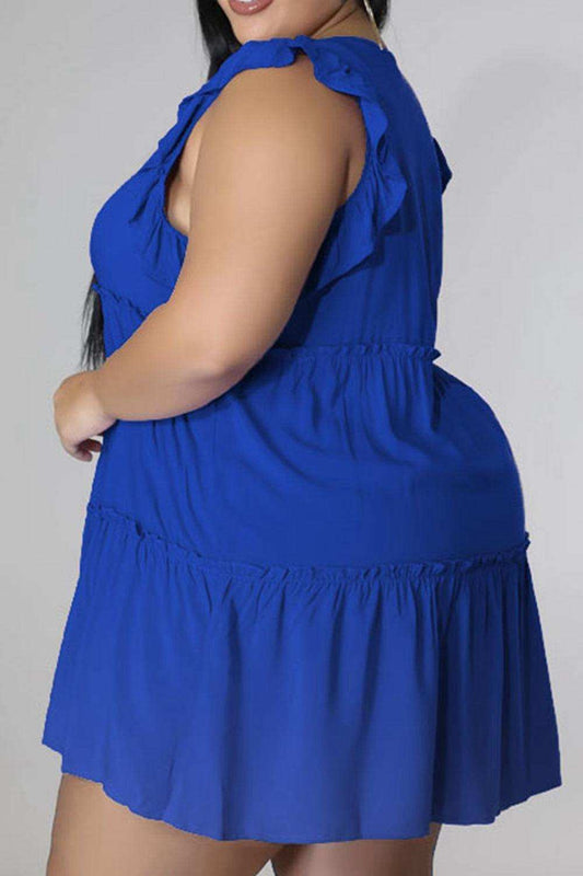 Plus Size V-Neck Frill Trim Mini Dress - Trendsi - Flyclothing LLC